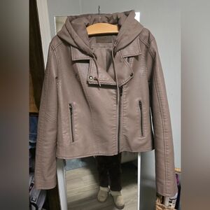 Women's Brown Faux Leather Jacket with Hood